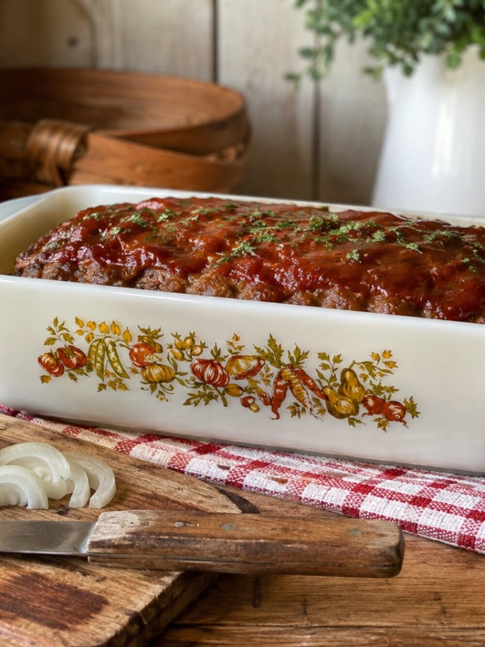 Vintage Anchor Hocking Fire-King Vegetable Harvest Loaf Pan 1 Qt 9x5 Milk Glass